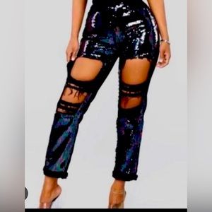 NWT Cello Sequin Black Destroyed Straight leg Jeans size 9 women 8